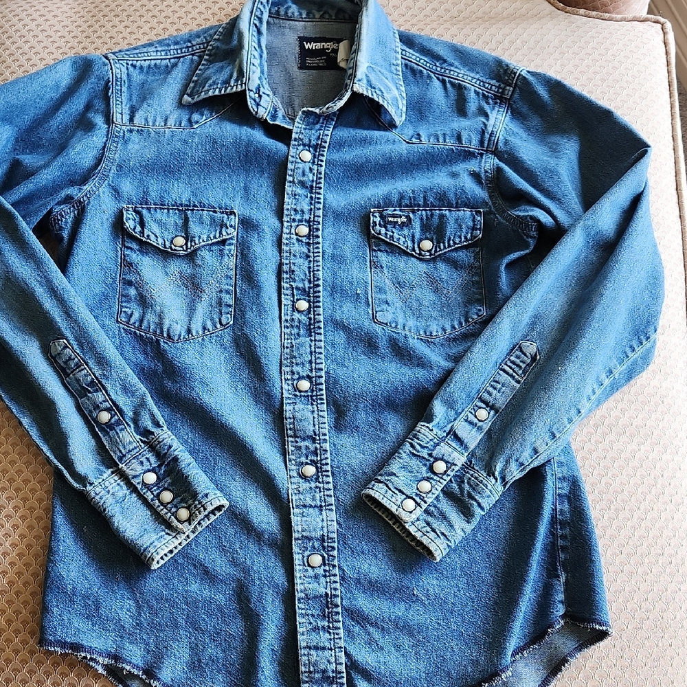 Wrangler Blue Denim Pearl Snap Men's Shirt Welding Cowboy